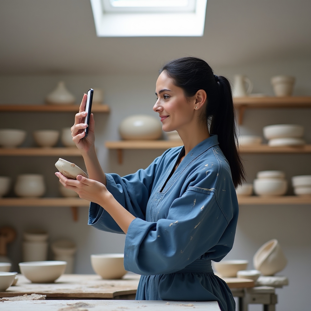Artigiana che applica le nuove competenze digitali direttamente nella propria bottega di ceramica