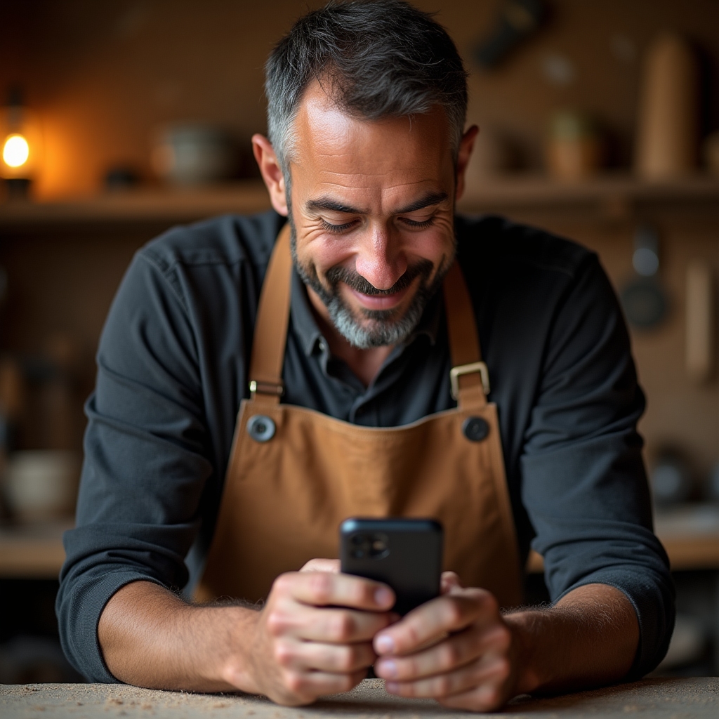 Artigiano italiano che impara a usare strumenti digitali per la propria bottega