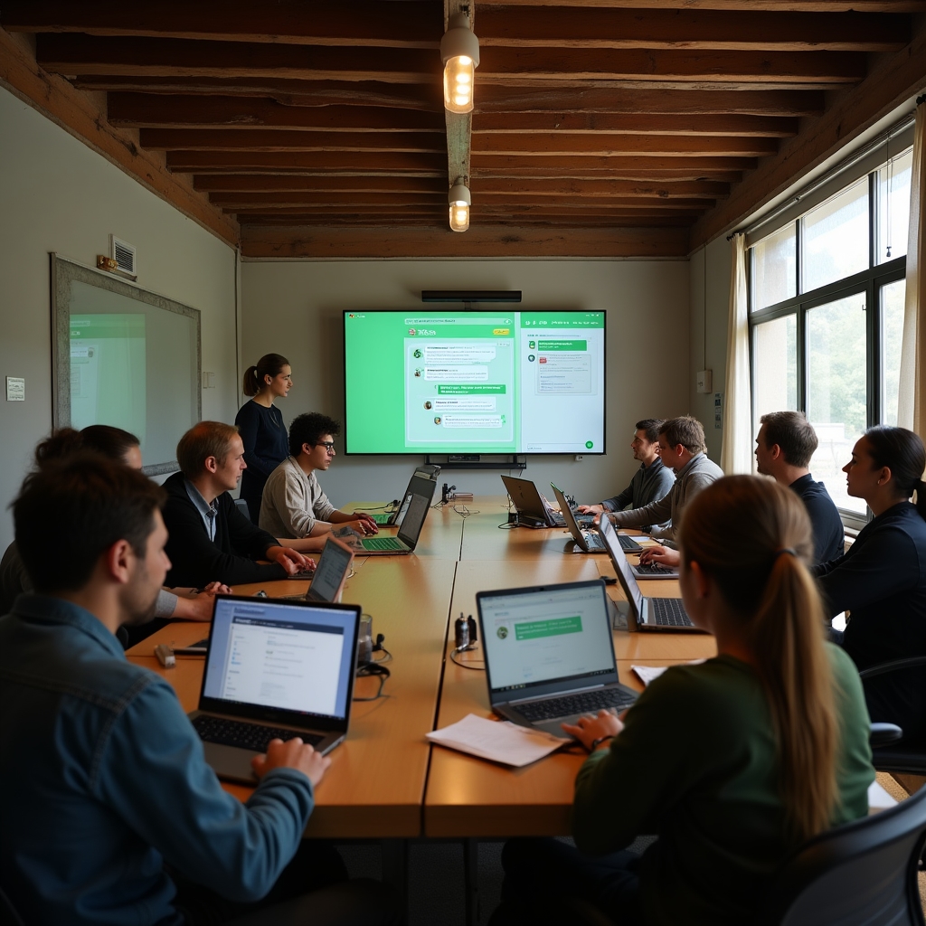 Laboratorio di formazione pratica con artigiani che lavorano su tablet e computer