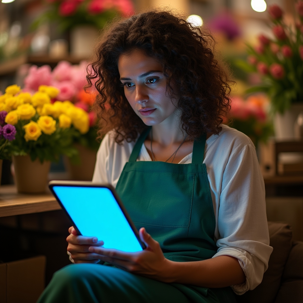 Titolare di bottega che segue una lezione digitale su tablet nella propria officina